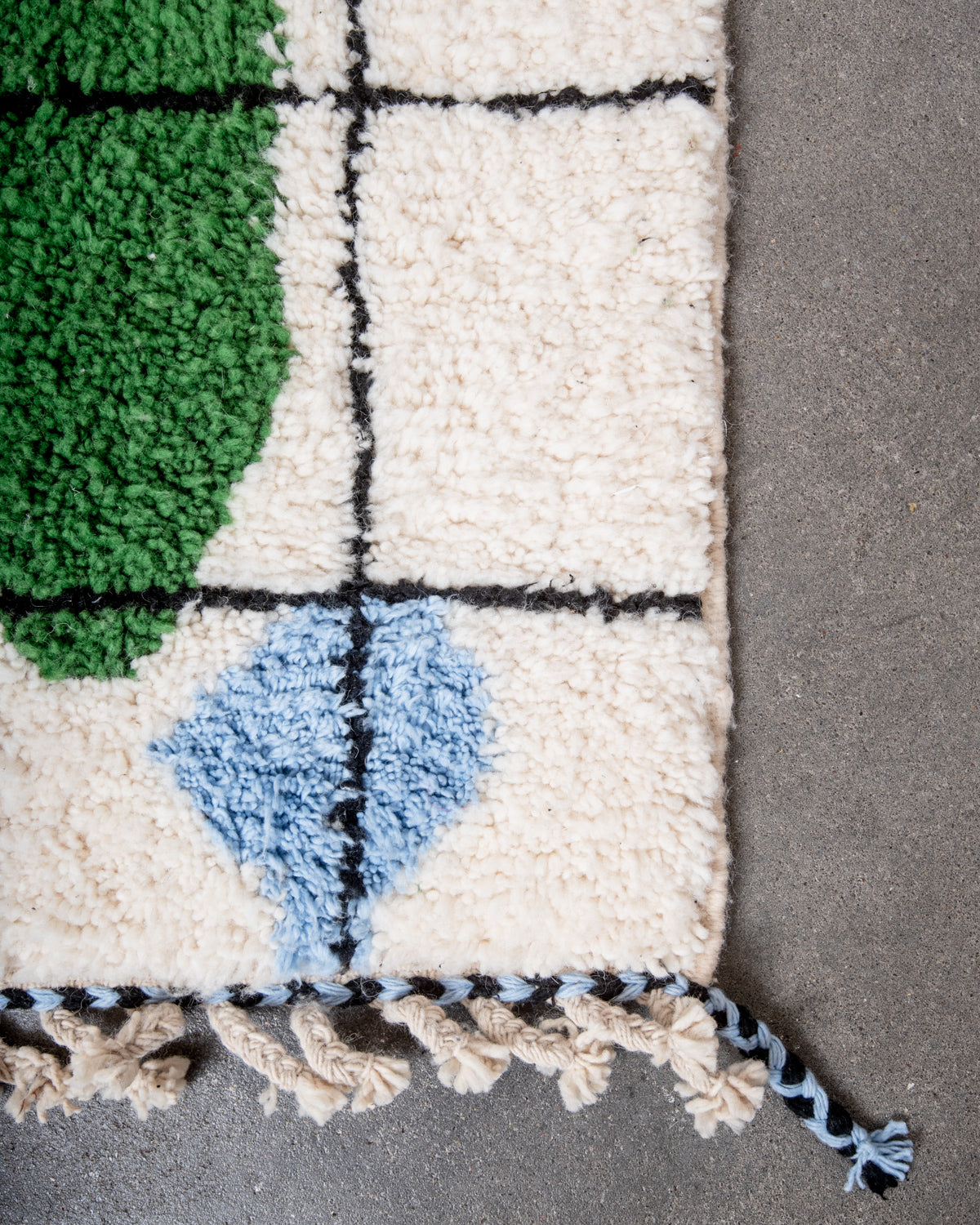 Modern, designer, handcrafted Berber rug from Morocco. Beniourain carpet with beautiful colours and patterns and fluffy wool texture.